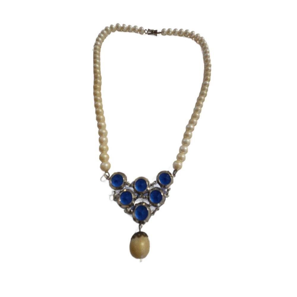 Vintage Faux Pearl Necklace with Blue Glass Cabochons